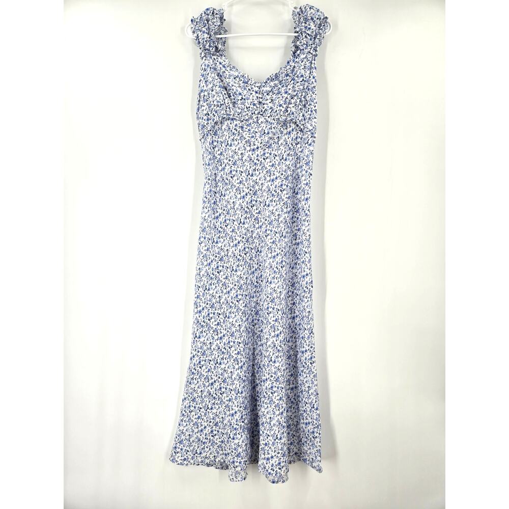NWT Gap Women Maxi Dress Medium Blue Sweetheart Crepe Floral Smock Ruffle Summer - Picture 3 of 16